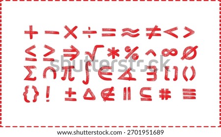 Collection of red mathematical symbols and equations on a white background with a decorative border