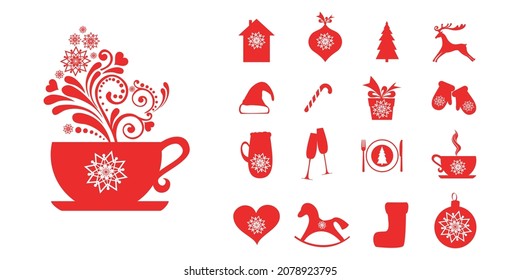 Collection of red Merry Christmas Symbol design elements isolated on white background. Christmas decoration set  to embellish your holiday layouts. Vector illustration
