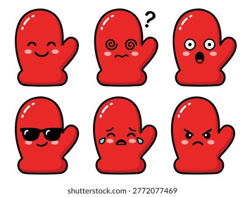 A collection of red mitten emoticons showing different expressions, including happiness, confusion, shock, coolness, sadness, and anger, each conveying a unique emotion.
