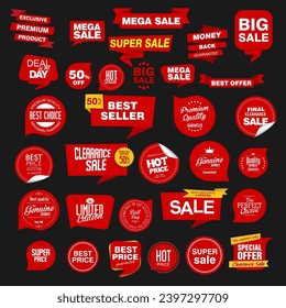 Collection of red modern badges and labels