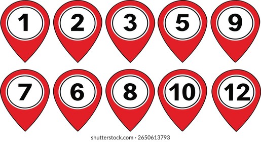 Collection of red numbered location pins from one to twelve.