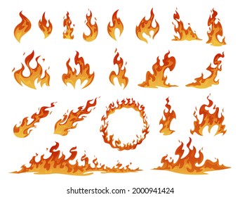 Collection of red and orange cartoon fire flame vector flat illustration. Set of hot flaming elements different shapes isolated. Blaze energy bonfire burn. Flammable fireball, circle, inferno light