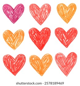 Collection of red and orange hearts. Doodle drawing by hand with colored pencils, crayon. Valentine's day design elements.