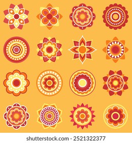 Collection of red and orange symmetrical mandalas on yellow background. Ethnic mandala, oriental pattern. Relaxation, meditation. Indian or Arabic mandala. Diwali festival.