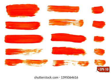 Collection of red and orange watercolor and acrylic brush strokes. Orange watercolor brushes. Red grungy smears and strokes. Vector illustration for tags and stamps design.