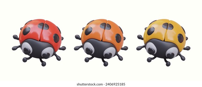 Colección de aves ladrillos rojas, naranjas y amarillas. Vista superior del personaje de caricatura de ladybug sobre fondo blanco. Concepto de insectos beneficiosos. Ilustración vectorial en estilo 3d