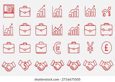 Una colección de iconos de contorno rojo que representan los conceptos empresariales, financieros y económicos. Incluye maletines, gráficos de crecimiento, varios símbolos de moneda, apretones de manos y una computadora portátil.