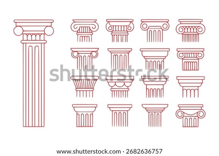 A collection of red outline illustrations showcasing various styles of ancient Greek and Roman architectural columns and their capitals.