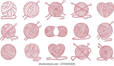 Uma coleção de ilustrações vetoriais contorno vermelho com várias bolas de fio, alguns com agulhas de tricô e ganchos de crochê, e outros em forma de corações, definido contra um fundo branco.