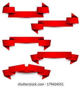 Collection of the red paper ribbons with on the white background