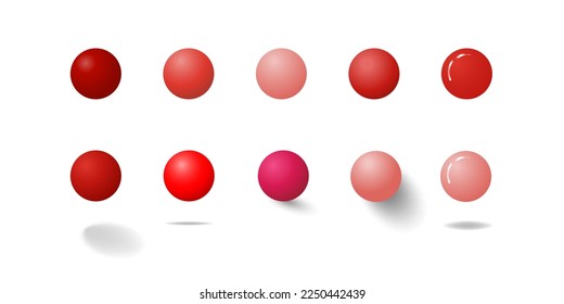 Collection of red and pastel red 3d rendered bubble spheres with different perspective of shadows, isolated on white background. Editable Vector Illustration. EPS 10