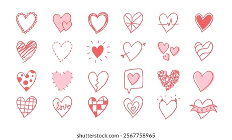 A collection of red and pink heart doodles. Various heart shapes, patterns, and designs. Love-themed hearts, playful heart illustrations.