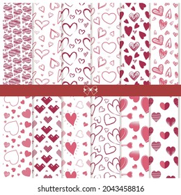 Colección de corazones rojos y rosados patrón transparente en un fondo blanco