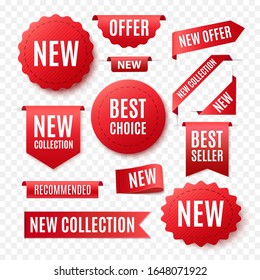 Collection Of Red Promo Badges Or Labels Isolated On White Background. Vector Ribbon Banners Set