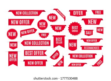 Collection Of Red Promo Badges Or Labels Isolated On White Background. Vector Ribbon Banners Set