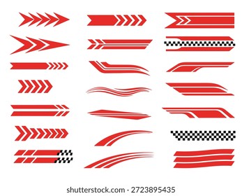 Una colección de rayas rojas de carreras y diseños de flechas, perfecto para agregar un aspecto deportivo y dinámico a los vehículos u otros proyectos gráficos.