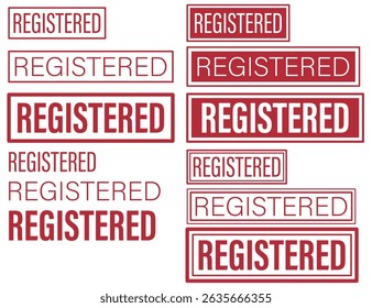 Collection of red REGISTERED stamps in multiple styles, perfect for documents, business branding, or official use. Assortment of bold registered wordmark labels in red, ideal for print, packaging, or