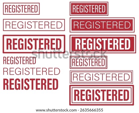 Collection of red REGISTERED stamps in multiple styles, perfect for documents, business branding, or official use. Assortment of bold registered wordmark labels in red, ideal for print, packaging, or