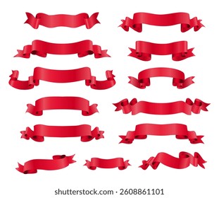 collection of red ribbons with different curls, twists, and tails on white. vector illustration