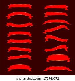 Collection of the red ribbons with gold stripes on the dark red background