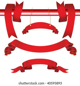Collection of red ribbons hanged in different shape. Vector illustration.