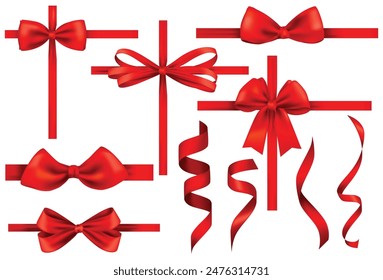 Collection of red ribbons on a white background. Illustrations and vectors