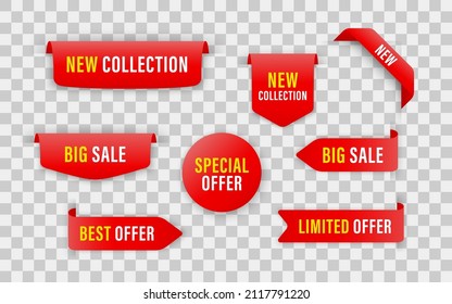 Collection of red ribbons tags badges and labels isolated on white background