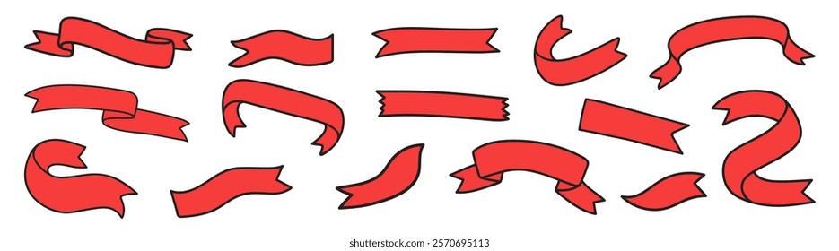 Collection of red ribbons in various shapes. Red ribbons for decoration. Curved and straight red ribbons. Perfect for festive designs and crafts. Element vector set.