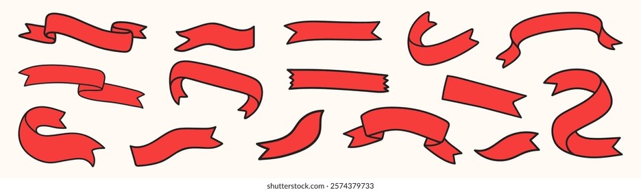 Collection of red ribbons in various shapes. Red ribbons, curved and straight, decorate designs. Red ribbon set for banners, labels, and decoration. Element vector set.