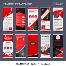 Collection of red Roll Up Banner template stand display advertisement vector, flyers, poster