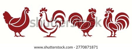 Collection of red rooster and hen silhouettes