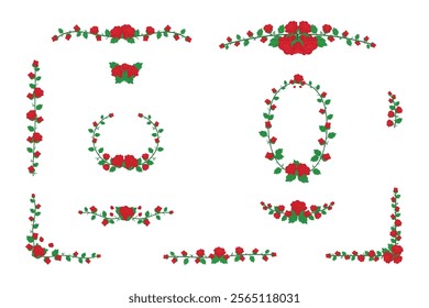 collection of red rose ornament, rose garland decoration , straight line, Conner, border