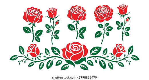 Collection of red rose vector illustrations featuring leaves for romantic designs and elegant floral decorations.