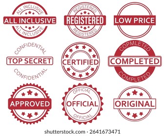 Collection of red rubber stamp badges with different labels such as approved, certified, original, and more. Suitable for official documents, marketing, and branding.