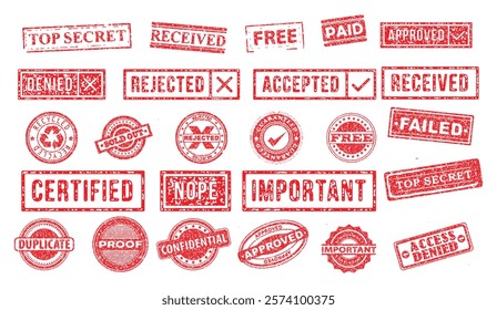 Collection of Red Rubber Stamp Images with Various Statuses and Classifications, including "Approved," "Denied," "Confidential," "Top Secret," "Rejected" and more,