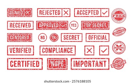 A Collection of Red Rubber Stamp Images with Various Status Indicators Including Denied, Approved, and Secret Information Stamps