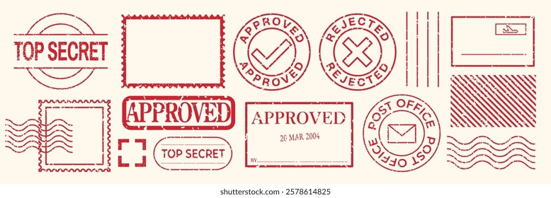 Collection of red rubber stamps with 'Approved,' 'Rejected,' 'Top Secret,' and postal designs. Includes post office and mail-themed stamps. Red stamps, vector set.