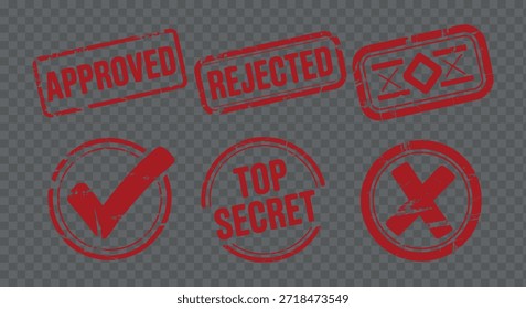 Uma coleção de carimbos de borracha vermelhos exibindo rejeição de aprovação top secret e outras classificações isoladas em um fundo transparente de alta qualidade