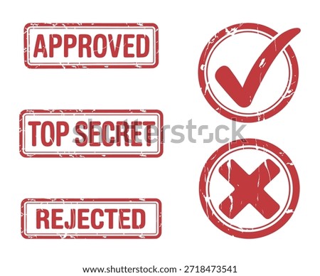 A collection of red rubber stamps displaying approval top secret clearance rejection and denial symbols on a white background high quality