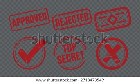 A collection of red rubber stamps displaying approval rejection top secret and other classifications isolated on a transparent background high quality