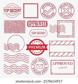 Collection of red rubber stamps featuring 'Approved,' 'Top Secret,' and 'Rejected.' Various stamp designs include postal and premium themes. Red stamps, vector set.