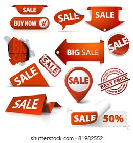 Collection of red sale tickets, labels, stamps, stickers, corners, tags on white background