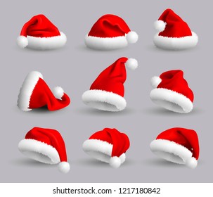 Коллекция Red Santa Claus шляпы изолированы на сером фоне. Сет. Векторная реалистичная иллюстрация.
