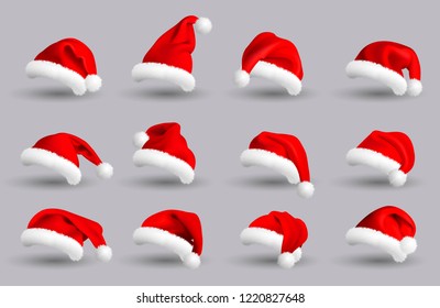 Collection of Red Santa Claus Hats isolated on gray background. Set. Vector Realistic Illustration.