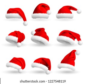 Collection of Red Santa Claus Hats isolated on white background. Set. Vector Realistic Illustration.