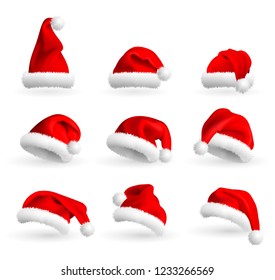 Collection of Red Santa Claus Hats isolated on white background. Set. Vector Realistic Illustration.