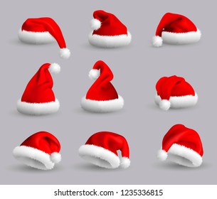 Collection of Red Santa Claus Hats isolated on gray background. Set. Vector Realistic Illustration.