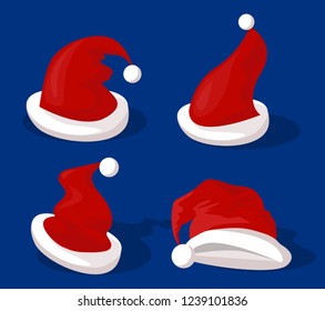 	
Collection of Red Santa Claus Hats isolated on blue background. Set. Vector certoon Illustration.