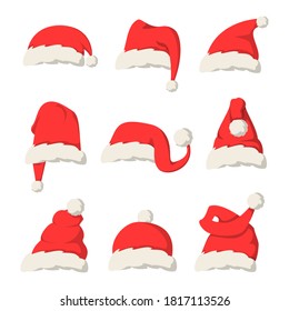 Collection of red Santa Claus hats vector isolated. Christmas decoration element, cap as a part of traditional costume. Red and white fur.