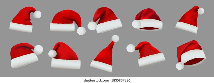 Collection of Red Santa Claus Hats isolated on gray background. Set of cartoot vector illustrations.